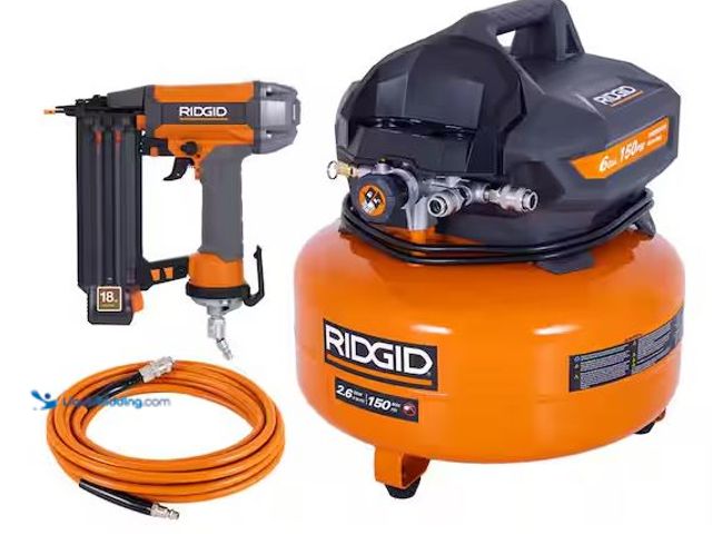 Lot 49-5460692 - RIDGID
6 Gal. 150 PSI Portable Electric Oil-Free Jobsite Pancake Air Compressor with 25 ft. Air Hos...