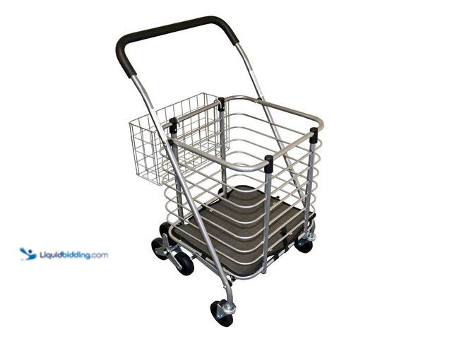 Lot 49-3564452 - 3-Wheel Steel Easy Climb Shopping Cart Design with Accessory Basket in Silver. Model # SC36. Used sl...