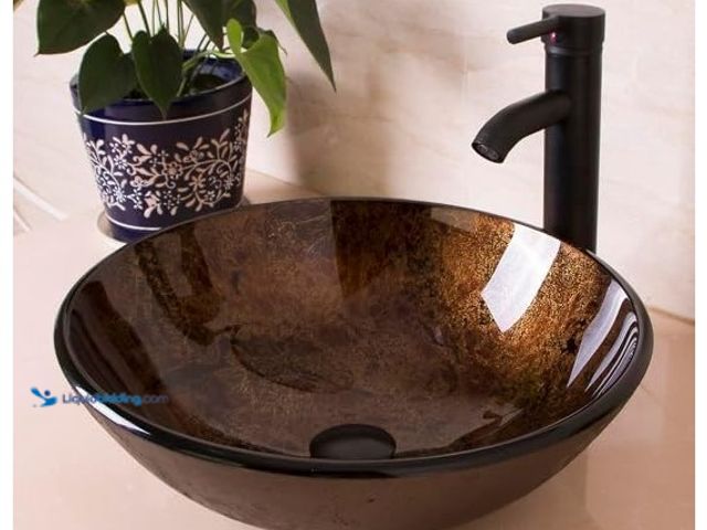 Lot 49-1571340 - Round Glass Vessel Sink, 16 inch Bathroom Bowl with Oil Rubbed Bronze Faucet, Pop-Up Drain, Installa...