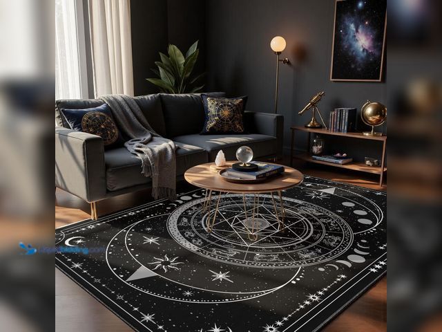 Lot 49-5437318 - Celestial Witchcraft Area Rug 8x10 - Black Gothic Divination Carpet with Moon Phases & Tarot Symbols...