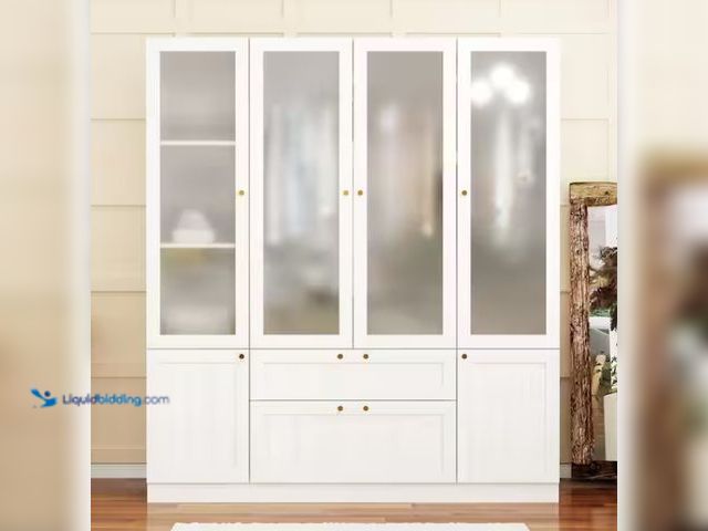 Lot 49-5538621 - FUFU&GAGA
Beige Wood Grain 63 in. W Frosted Glass Doors Armoires with Hanging Rods, Drawers and She...