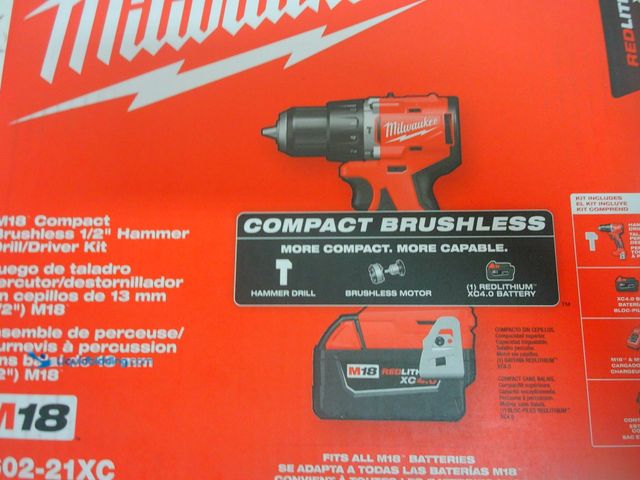 Lot 49-1629221 - Milwaukee M18 18V Lithium-Ion Brushless Cordless 1/2 in. Compact Hammer Drill/Driver Kit, Model # 36...