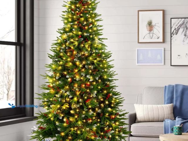 Lot 49-1546955 - Yexmas 9ft Pre-Lit Artificial Christmas Trees, Green Xmas Tree with Large Christmas Tree Storage Bag...