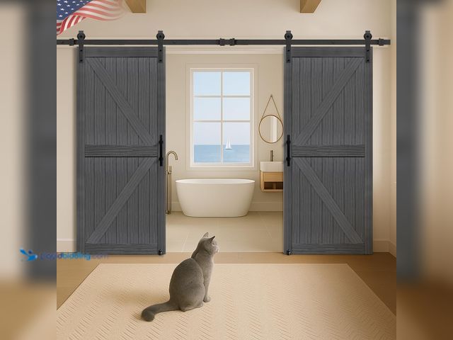 Lot 49-5487724 - S&Z TOPHAND® 54in x 84in Double Deep Gray Sliding MDF Barn Door with 20FT Sliding Door Hardware Kit,...