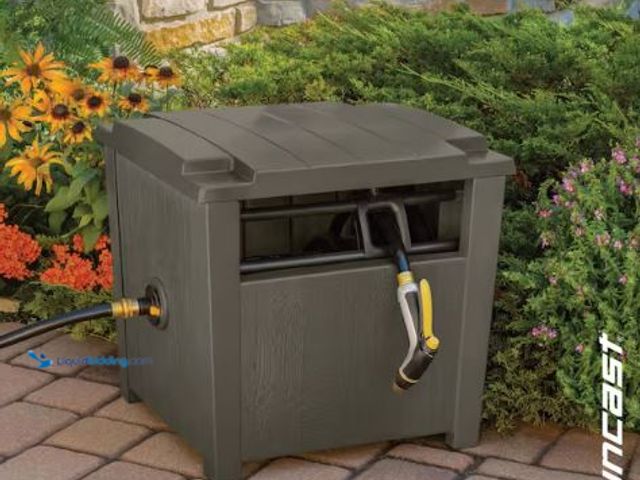 Suncast Farmington Hose Hanger Cabinet – Stoney, Holds 150 Ft Hose – Wall Mount