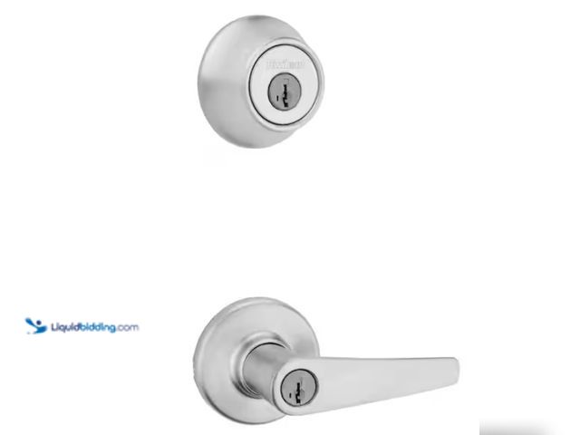 Lot 49-1515734 - Kwikset Delta Satin Chrome Keyed Entry Door Handle and Single Cylinder Deadbolt Combo Pack featuring...