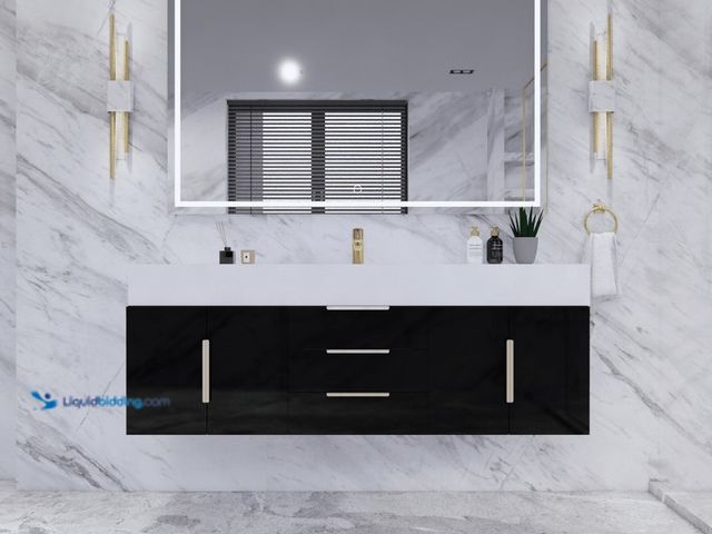 Lot 49-1570080 - Bethany 60’’ Floating Art Deco Bathroom Vanity Set with Reinforced Acrylic Single Sink Top, Black va...