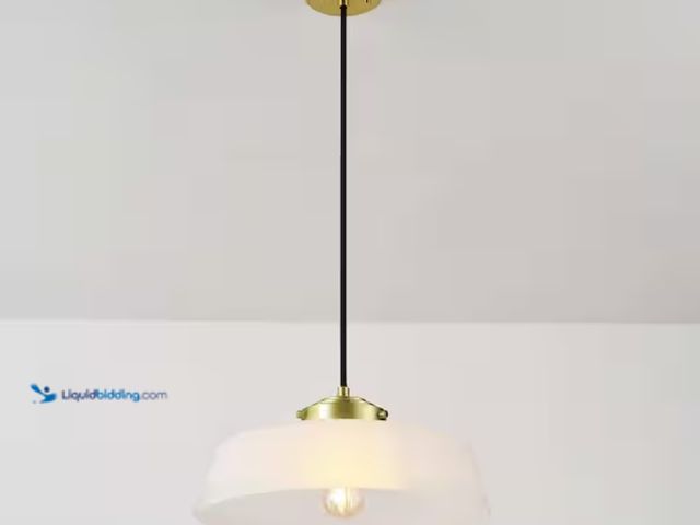 Lot 49-2000060 - Globe Electric 60-Watt 1-Light Brass Shaded Pendant Light with Frosted Glass Shade, Model # 91006029...