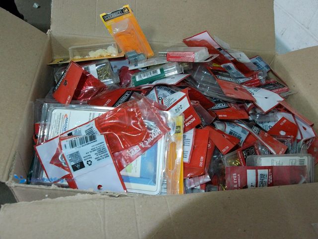 Lot 49-1550441 - Heavy box of miscellaneous fasteners and hardware, including screws, cup hooks, wire brads, etc., Un...