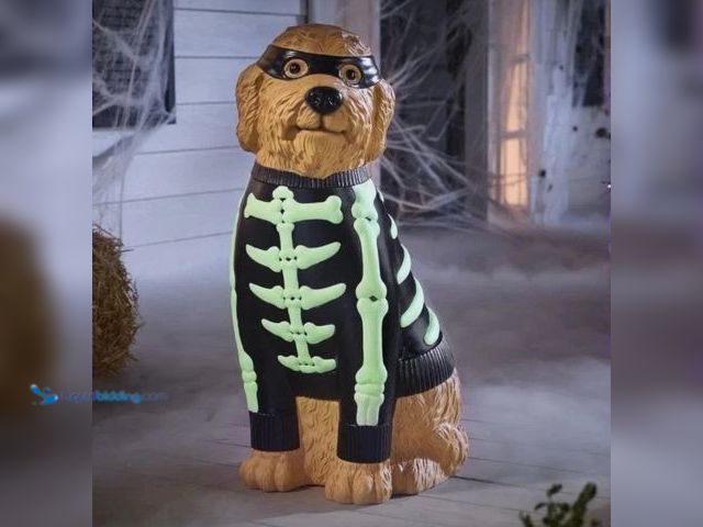 Lot 49-1547804 - Home Accent Holiday 2.5' Halloween Classics Glow in the dark Golden Doodle in Skeleton Sweater, Used...