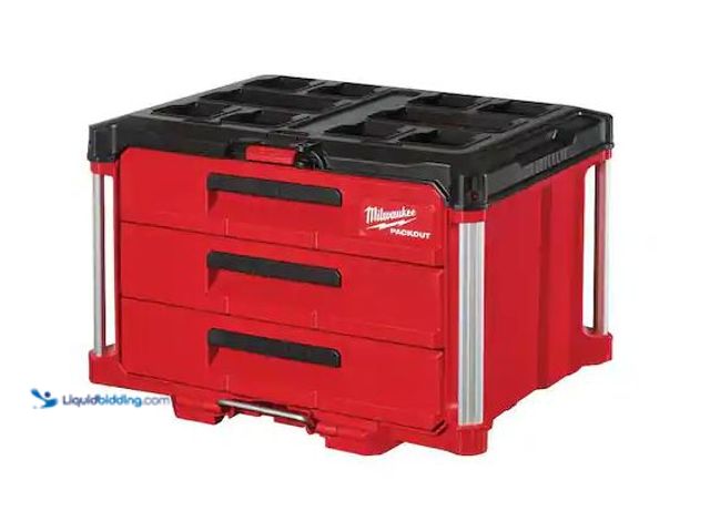 Lot 49-5573180 - Milwaukee
PACKOUT 22 in. Modular 3-Drawer Tool Box with Metal Reinforced Corners, Unused
