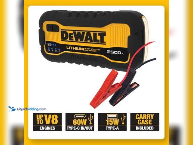 Lot 49-3565288 - DEWALT
2500 Peak Amp Lithium Jump Starter with USB Power Bank and Carrying Case Model # DXAELJ25C u...