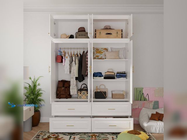 Lot 49-5508261 - FUFU&GAGA
White 8-Door Big Wardrobe Armoires with Hanging Rod, 4-Drawers, Storage Shelves 93.9 in. ...