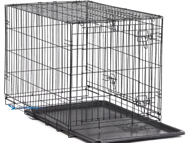 Lot 49-5556857 - Vibrant Life Foldable 2-Door 48" Wire Crate for Dogs with Divider and Leak-Proof Tray. Used slightly