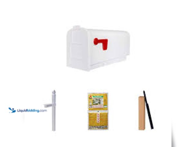 Lot 49-3531217 - Parsons White Medium Mailbox, Whitley White Post, 2 lb. Post Mix, and In-Ground Post Anchor Kit. Unu...