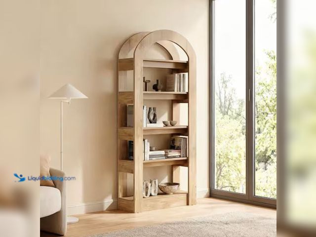 Lot 49-2001129 - BYBLIGHT Eulas 70.8 in. Tall Light Natural Wood 5-Shelf Arched Bookcase Bookshelf Display Shelf for ...