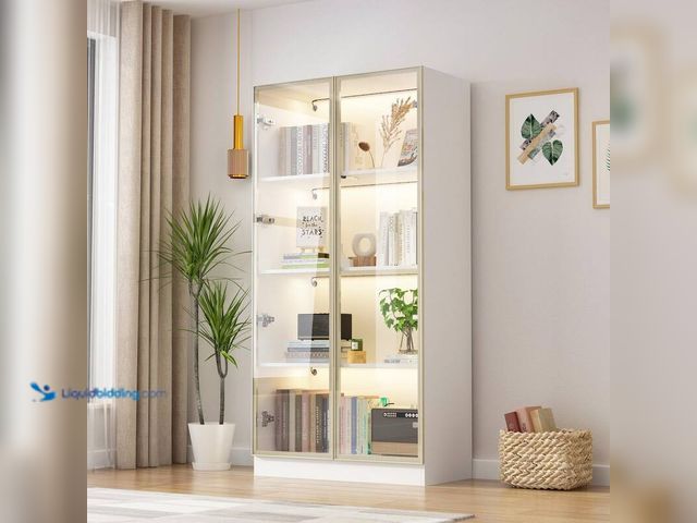 Lot 49-5412540 - Fufu & Gaga 63 in. Tall White Wood 3-Shelf Bookcase Bookshelf With 3-Color LED Lights and Tempered G...