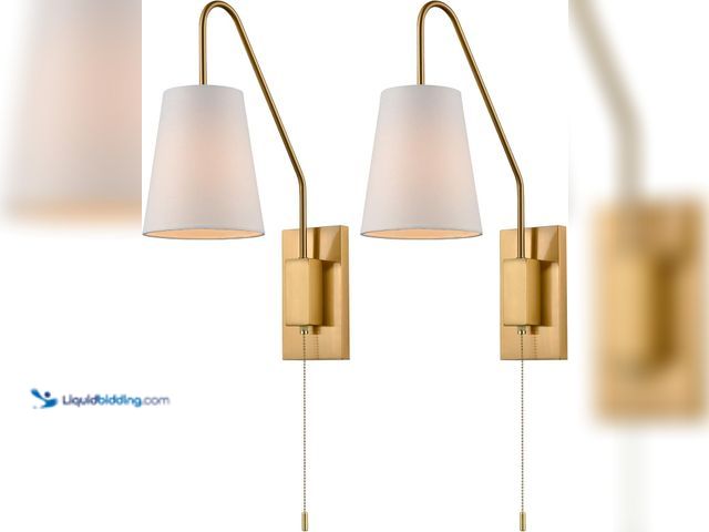 Lot 49-5487392 - Modern Brass Plug-in Wall Sconces Set of Two Fabric Shade Bedroom Wall Lamp with Pull Chain Switch (...