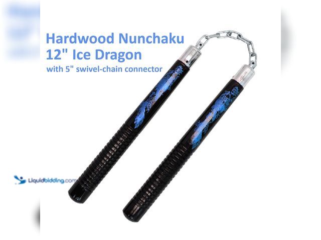 Lot 49-5434377 - Hardwood Nunchaku 12" Black with Ice Dragon - NEW - The two 12" handles are made from solid hardwood...