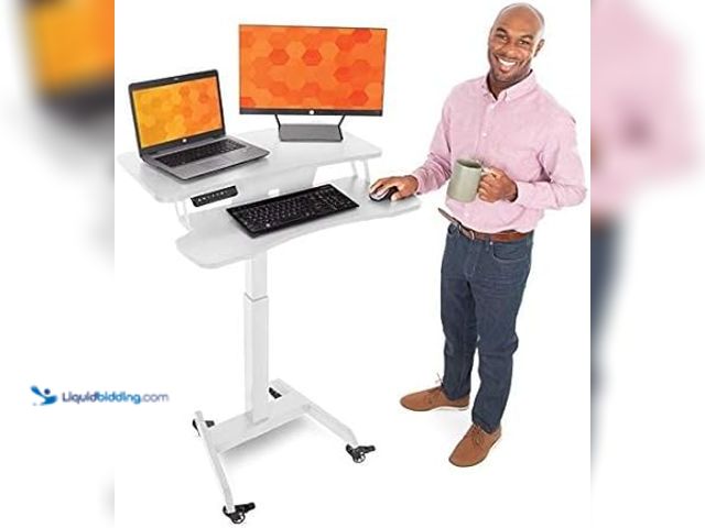 Lot 49-5437679 - Stand Steady Cruizer Premier Electric Mobile Podium Desk with Keyboard Tray | Sit or Stand Height Ad...