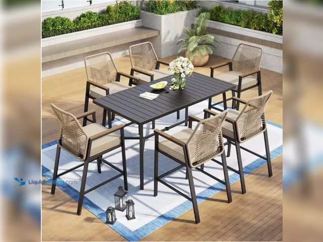 Lot 49-1512724 - PHI VILLA Black 7-Piece Metal Bar Height Outdoor Dining Set with Rectangle Table and Woven Rope Bar ...
