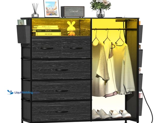 Lot 49-1516467 - Dresser for Bedroom with Clothes Rack Side Pockets 5 Drawer Dresser with Charging Station LED Lights...