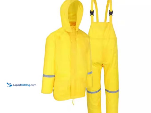 Lot 49-5573461 - Premium Men's Large Hi Vis Yellow Water-Resistant Polyester Rain Suit (3-Piece), Unused