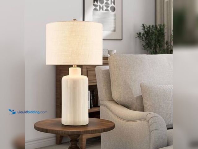 Lot 49-5546367 - KAWOTI 25.25 in. Cream Contemporary Ceramic Table Lamp for Living Room with Beige Linen Shade Model ...