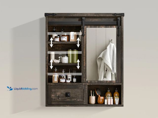 Lot 49-3472605 - Farmhouse Wall Cabinet with Sliding Door and Adjustable Shelves Model #J4Q007HZ0M, Unused  Ref#BULK1...