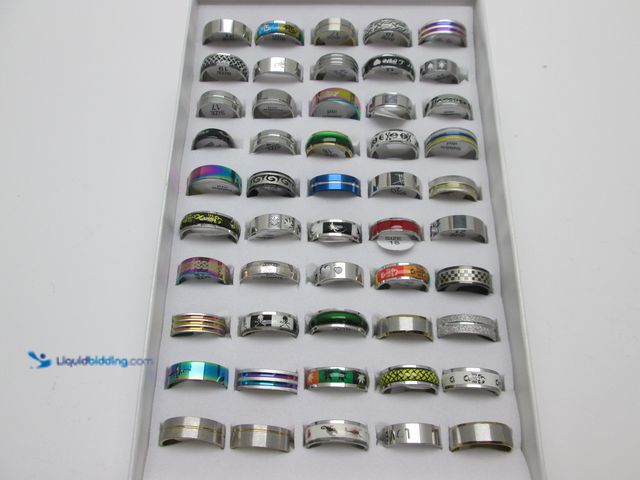 Lot 49-3471292 - Bulk Lot of 50 Stainless Steel Rings in Retail Display Box - NEW - Includes Men's and Women's Sizes/...