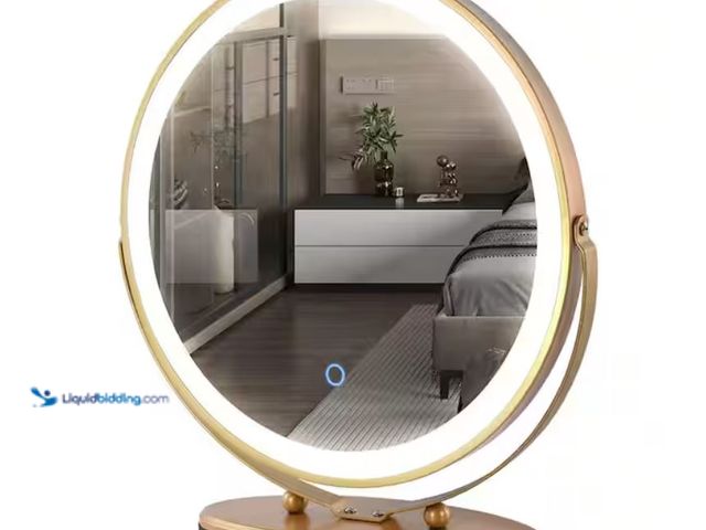 Lot 49-1631807 - 19" Round 3-Color-LED Touch Screen Dimmable Lighted Tabletop Bathroom Makeup Mirror in Gold Frame, M...