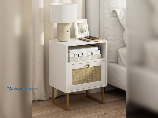 Lot 49-5545038 - Masupu Rattan Nightstand,Modern Boho Farmhouse Wood Bedside Table with Storage Drawer and Open Shelf...