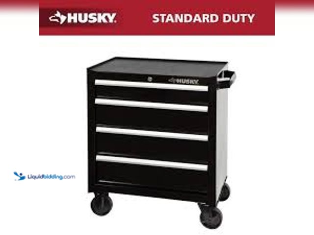 Lot 49-5448913 - Husky 26.5 in. W x 18 in. D Standard Duty 4-Drawer Rolling Tool Cabinet in Gloss Black. Model # HKST...