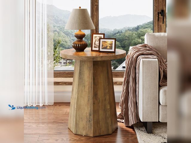 Lot 49-5452669 - Tribesigns Farmhouse Round End Table, Wooden Couch Side Table with Octagonal Base, Rustic Brown Nigh...