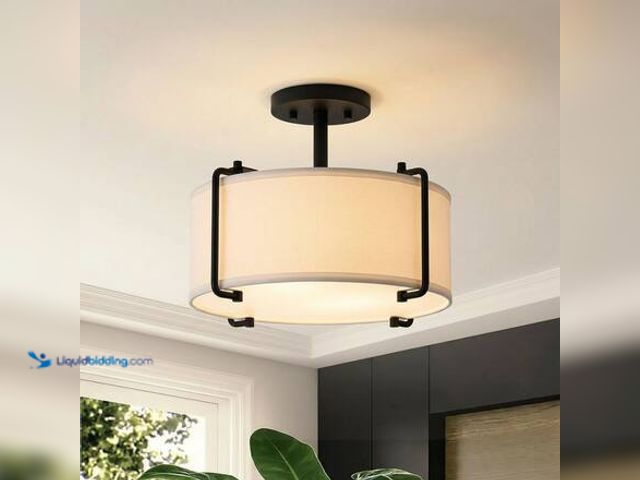 Lot 49-5546354 - DSI LIGHTING Brookley 14 in. 2-Light Matte Black Modern Semi-Flush Mount with White Fabric Shade Mod...