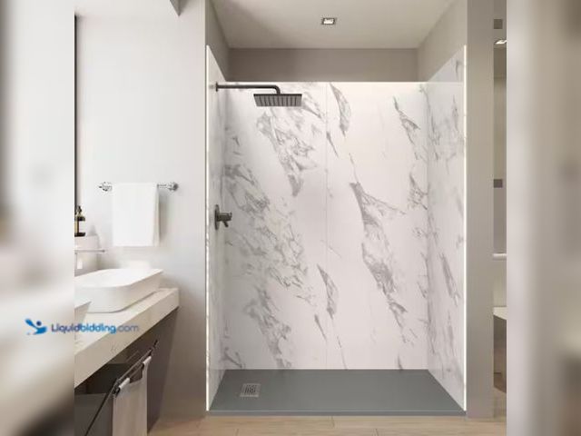 Lot 49-1602178 - CASTICO Carrara 36 in. x 60 in. x 84 in. Solid Composite Stone Alcove Shower Kit with Walls and Grap...