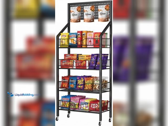 Lot 49-3564299 - 4 Tier Retail Display Racks, Large Capacity Snack Rack Display Stand, Pegboard Snack Shelf with 15 H...