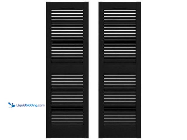Lot 49-5448621 - Builders Edge 14.5 in. x 39 in. Louvered Vinyl Exterior Shutters Pair in Black. Model # 010140039002...