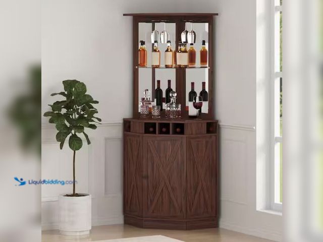 Lot 49-2005560 - VEVOR Corner Industrial Bar Cabinet for Liquor and Glasses MDF Freestanding Farmhouse Wood Coffee Ba...