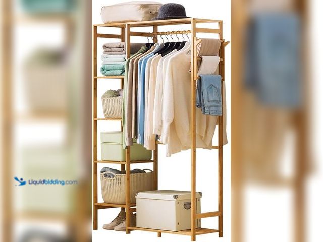 Lot 49-5414834 - Ufine Bamboo Garment Rack 6 Tier Storage Shelves Clothes Hanging Stand with Side Hooks, Heavy Duty C...