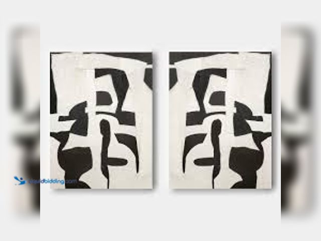 Lot 49-5552057 - Abstract Artwork. Brown Fabric Base with white and black plaster textured shapes. 40in W x 56 3/4 L....