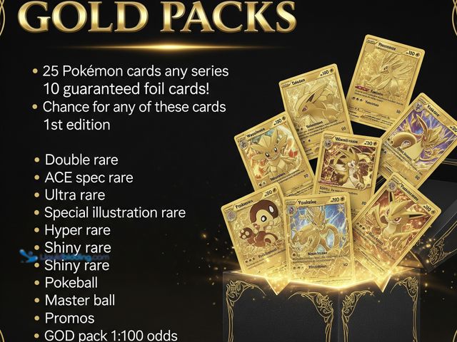 Lot 49-1816473 - 4 Pokemon gold packs. 25 cards per pack. Guaranteed 10 foil cards and at least 1 double rare or bett...