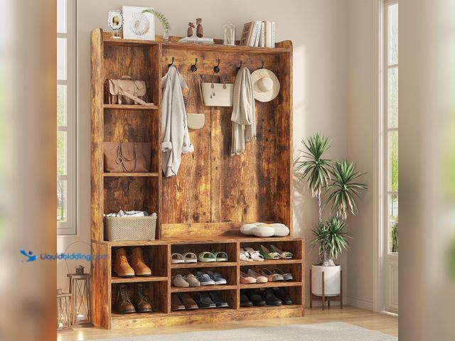 Lot 49-5437199 - Hall Tree with Bench and Shoe Storage, 5-in-1 Entryway Storage Bench, Shoe Rack with Coat Rack, Shoe...