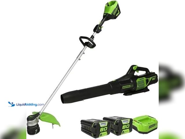 Lot 49-2001328 - Greenworks 80V 16-Inch Trimmer + Blower, Two 2.0 Ah Batteries and Charger Included, Model # B0BG6Y7W...