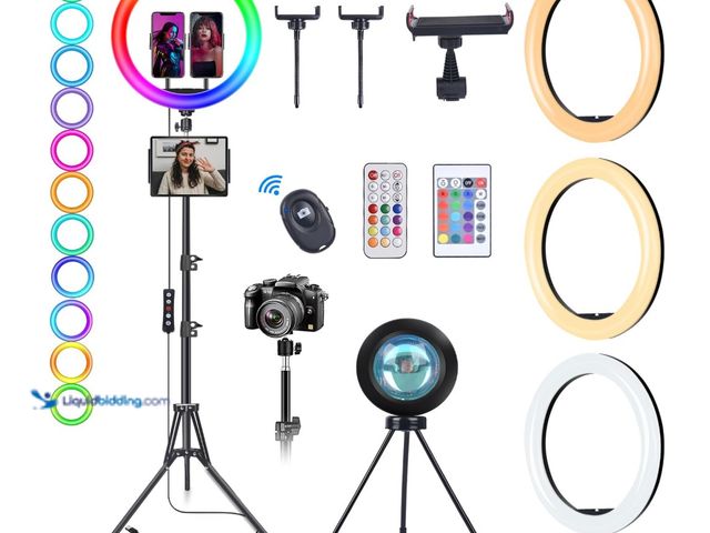 Lot 49-1519795 - 13" RGB Selfie Ring Light with Stand 76" Tall & 2 Phone Holders, Sunset Lamp & 51 Colors Modes, 12 D...