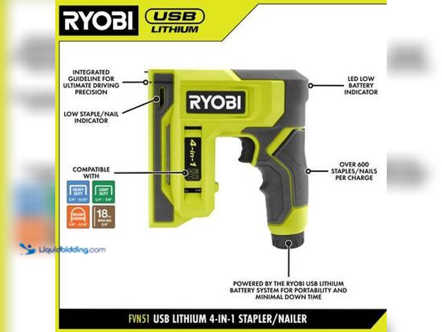 Lot 49-5544367 - RYOBI USB Lithium Cordless Craft 4-in-1 Stapler/Nailer. Model # FVN51K. Unused