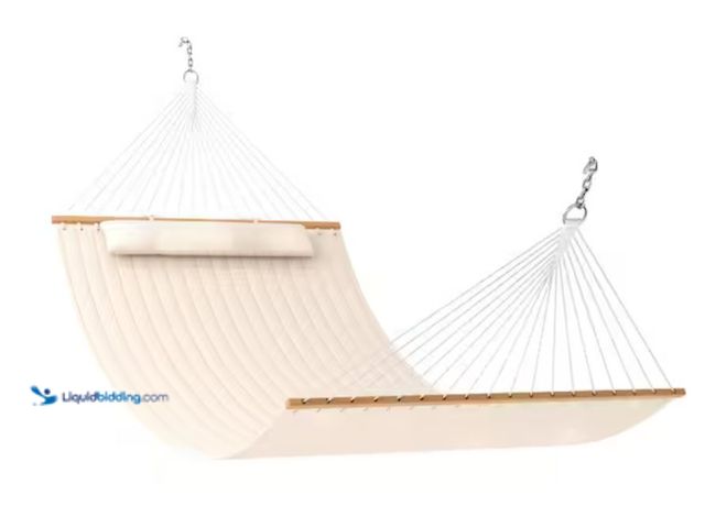 Lot 49-1631379 - AURA OUTDOOR 12 ft. Quilted 2-Person Fabric Swing Hammock Bed with Pillow Beige, Model # HM003148, U...