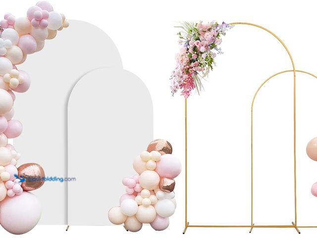 Lot 49-5482105 - SuuWoee Arch Backdrop Stand Set of 2 With Cover (7.2FT+6FT) Gold Metal Wedding Arch Balloon Stand Wi...