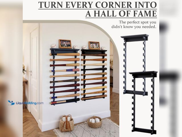 Lot 49-5552529 - Threehoney 10 Mini Baseball Bat Display 32.75 x 16 x 3.25 inch Solid Wood Bat Holder with Ball Stand...