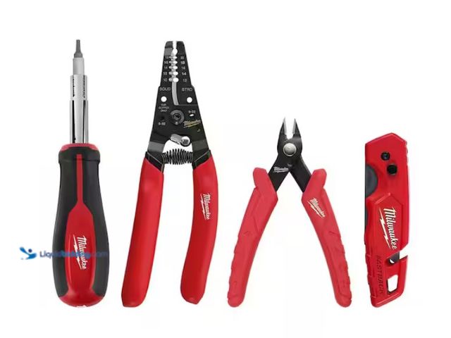 Lot 49-1574891 - (4-Piece) Milwaukee Electrician's Hand Tool Kit, Includes Wire Stripper/Cutter for solid and strande...